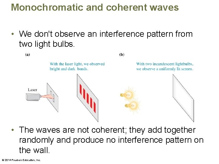 Monochromatic and coherent waves • We don't observe an interference pattern from two light