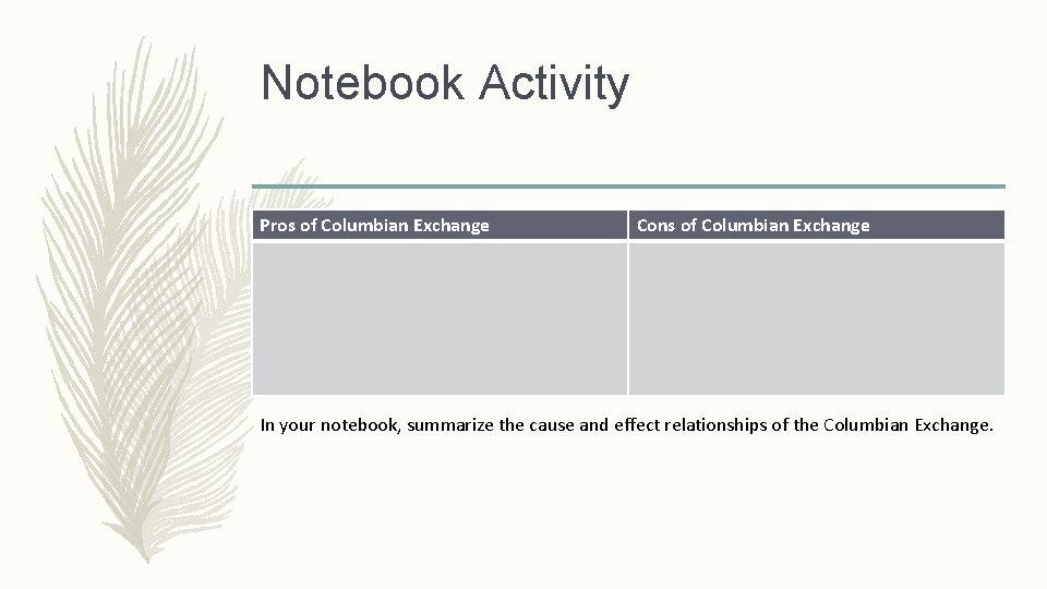 Notebook Activity Pros of Columbian Exchange Cons of Columbian Exchange In your notebook, summarize