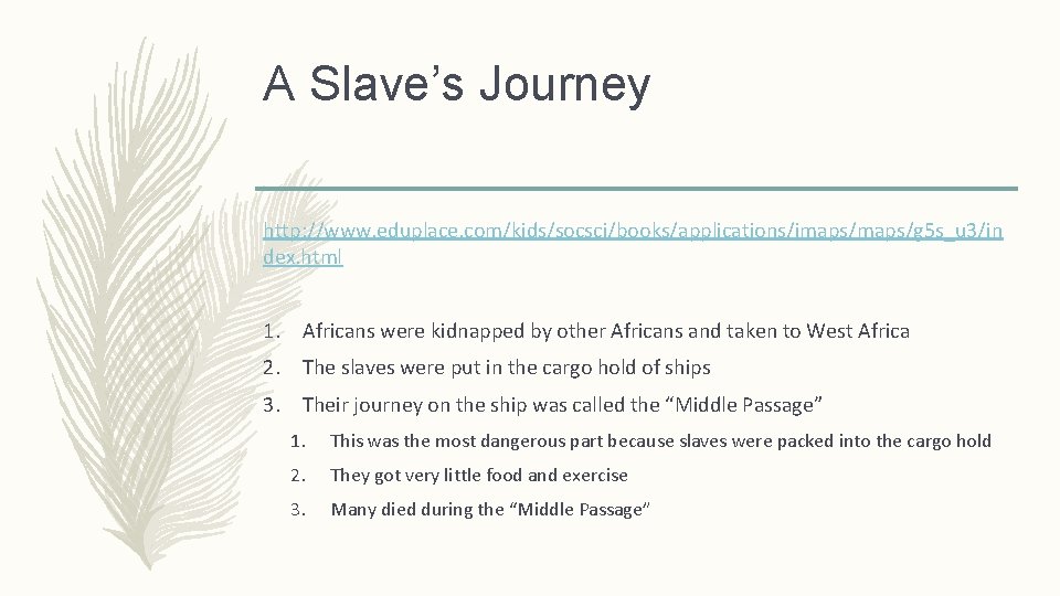 A Slave’s Journey http: //www. eduplace. com/kids/socsci/books/applications/imaps/g 5 s_u 3/in dex. html 1. Africans