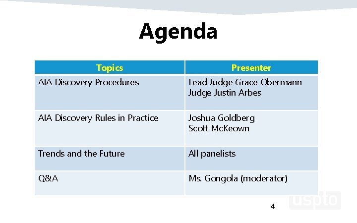 Agenda Topics Presenter AIA Discovery Procedures Lead Judge Grace Obermann Judge Justin Arbes AIA