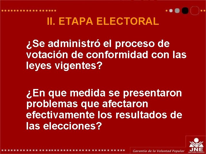 II. ETAPA ELECTORAL ¿Se administró el proceso de votación de conformidad con las leyes