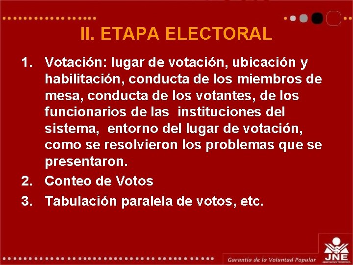 II. ETAPA ELECTORAL 1. Votación: lugar de votación, ubicación y habilitación, conducta de los