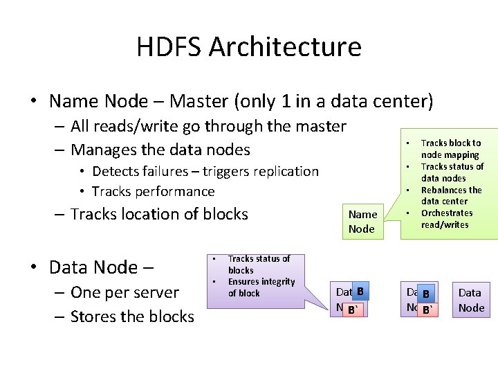 HDFS Architecture • Name Node – Master (only 1 in a data center) –