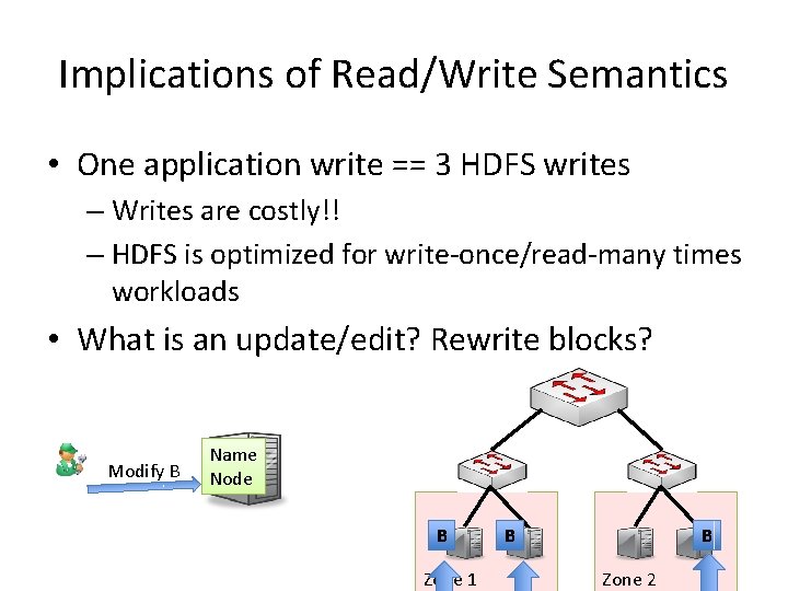 Implications of Read/Write Semantics • One application write == 3 HDFS writes – Writes