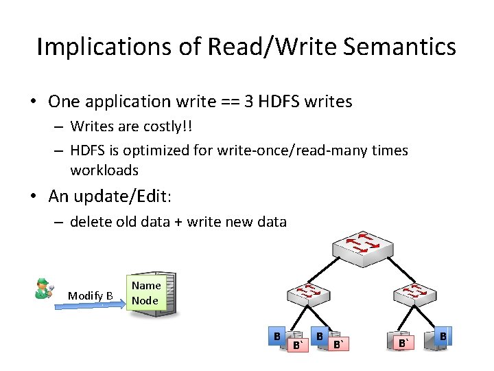 Implications of Read/Write Semantics • One application write == 3 HDFS writes – Writes