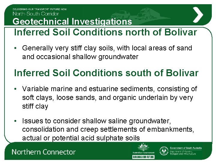 Geotechnical Investigations Inferred Soil Conditions north of Bolivar • Generally very stiff clay soils,