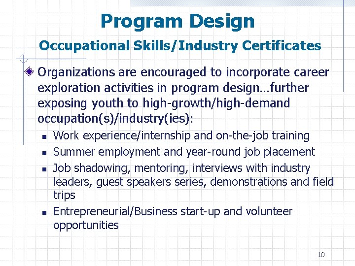 Program Design Occupational Skills/Industry Certificates Organizations are encouraged to incorporate career exploration activities in