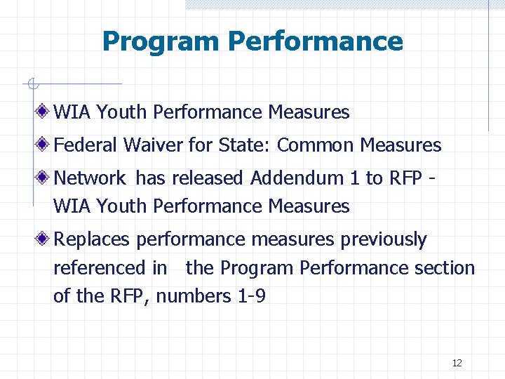 Program Performance WIA Youth Performance Measures Federal Waiver for State: Common Measures Network has
