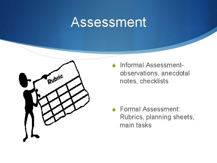 Assessment S Informal Assessment- observations, anecdotal notes, checklists S Formal Assessment: Rubrics, planning sheets,