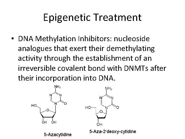 Epigenetic Treatment • DNA Methylation Inhibitors: nucleoside analogues that exert their demethylating activity through