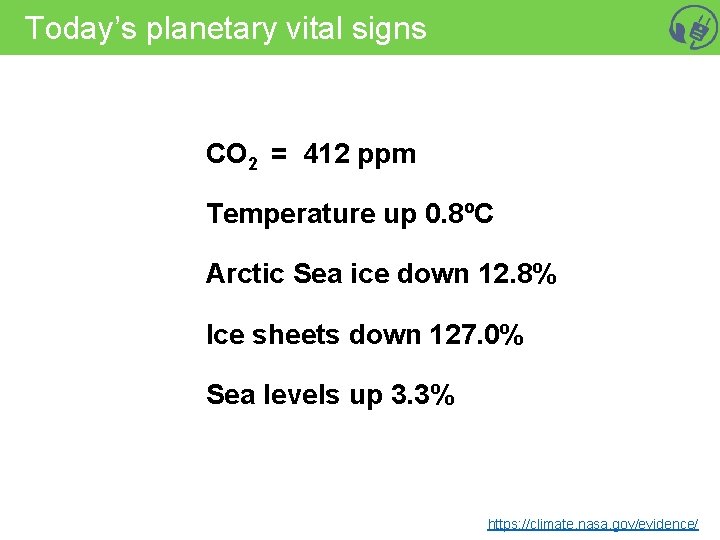 Today’s planetary vital signs CO 2 = 412 ppm Temperature up 0. 8ºC Arctic