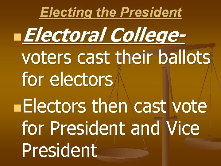 Electing the President Electoral College- n voters cast their ballots for electors n. Electors