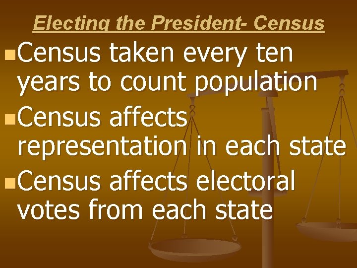 Electing the President- Census n. Census taken every ten years to count population n.