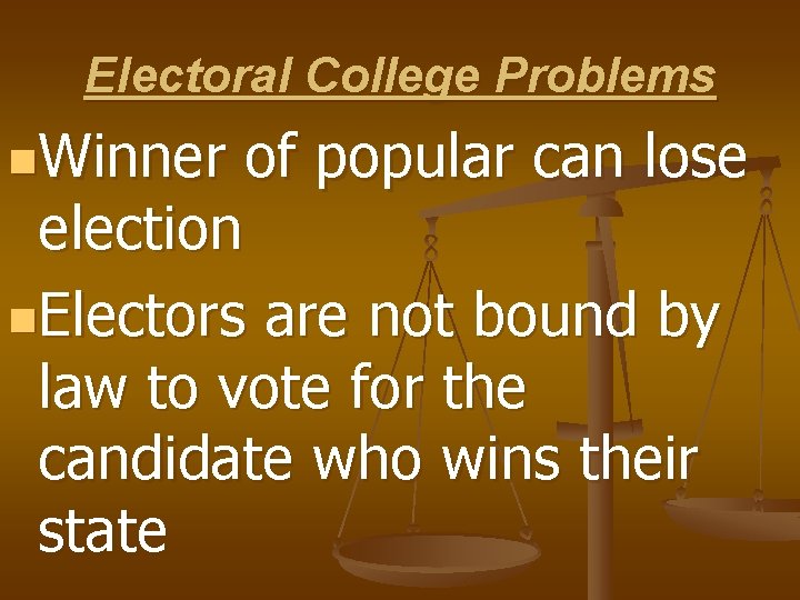 Electoral College Problems n. Winner of popular can lose election n. Electors are not