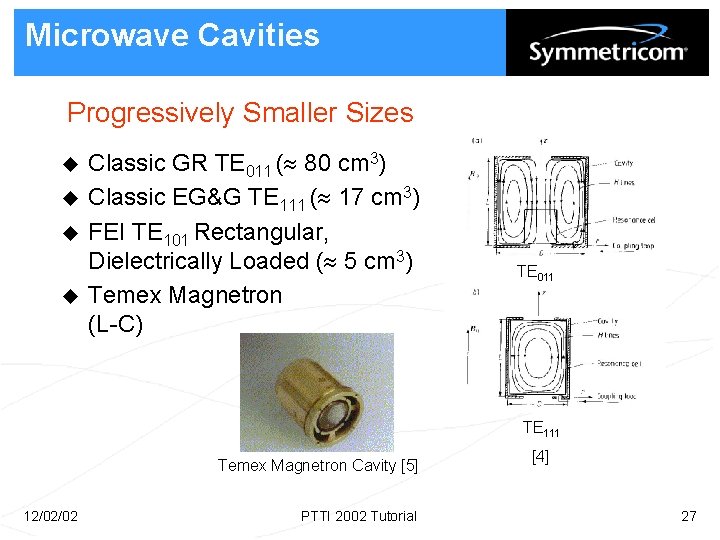 Microwave Cavities Progressively Smaller Sizes u u Classic GR TE 011 ( 80 cm