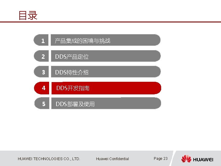 目录 1 产品集成的困境与挑战 2 DDS产品定位 3 DDS特性介绍 4 DDS开发指南 5 DDS部署及使用 HUAWEI TECHNOLOGIES CO.