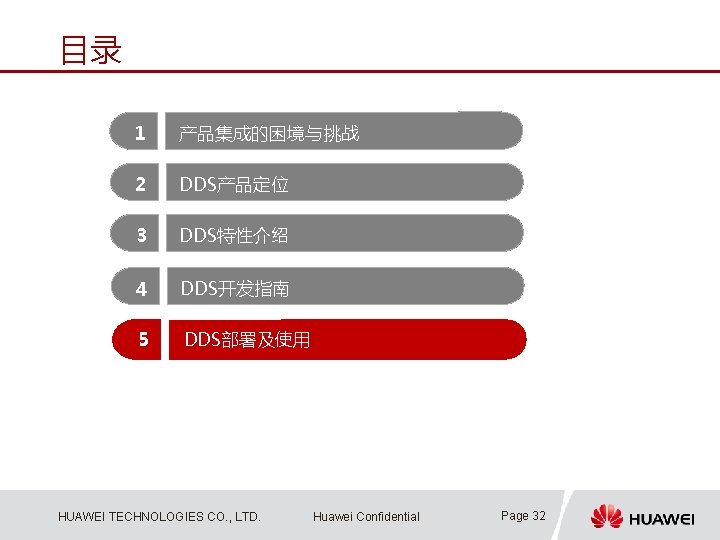 目录 1 产品集成的困境与挑战 2 DDS产品定位 3 DDS特性介绍 4 DDS开发指南 5 DDS部署及使用 HUAWEI TECHNOLOGIES CO.