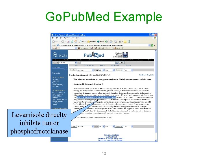 Go. Pub. Med Example Levamisole direclty inhibits tumor phosphofructokinase 12 