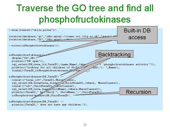 Traverse the GO tree and find all phosphofructokinases Built-in DB location(database, “go", "jdbc: mysql: