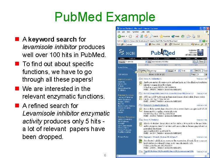 Pub. Med Example n A keyword search for levamisole inhibitor produces well over 100
