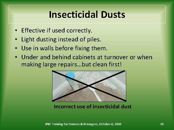 Insecticidal Dusts • • Effective if used correctly. Light dusting instead of piles. Use