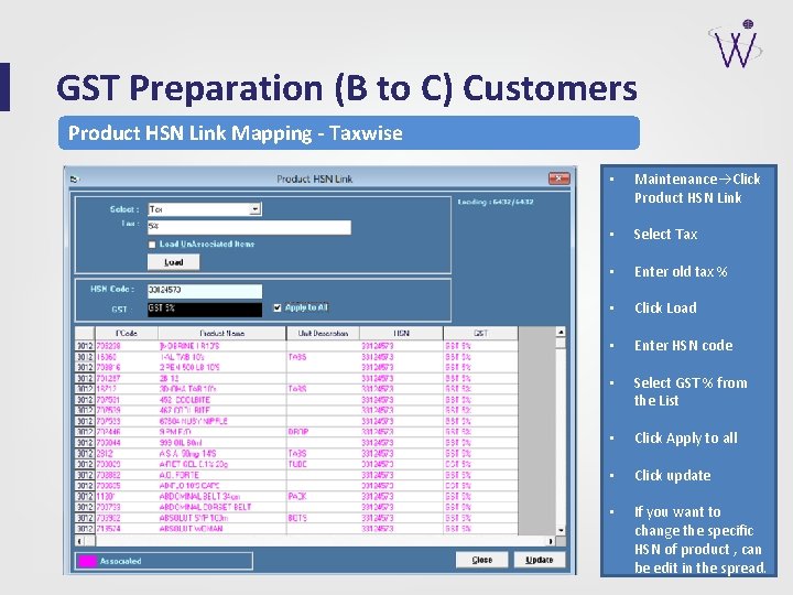 GST Preparation (B to C) Customers Product HSN Link Mapping - Taxwise • Maintenance