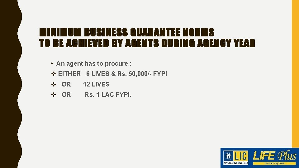 MINIMUM BUSINESS GUARANTEE NORMS TO BE ACHIEVED BY AGENTS DURING AGENCY YEAR • An
