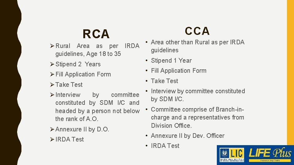RCA Ø Rural Area as per IRDA guidelines, Age 18 to 35 Ø Stipend