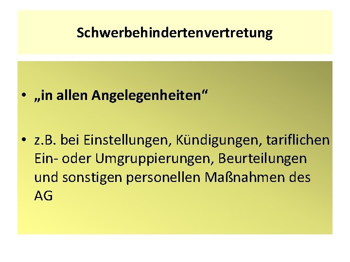 Schwerbehindertenvertretung • „in allen Angelegenheiten“ • z. B. bei Einstellungen, Kündigungen, tariflichen Ein- oder