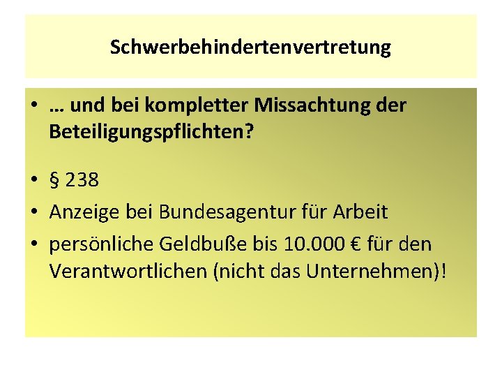 Schwerbehindertenvertretung • … und bei kompletter Missachtung der Beteiligungspflichten? • § 238 • Anzeige