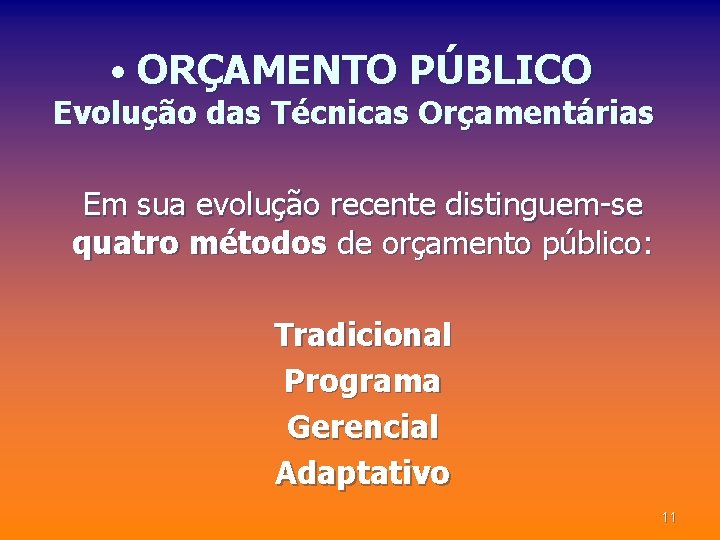  • ORÇAMENTO PÚBLICO Evolução das Técnicas Orçamentárias Em sua evolução recente distinguem-se quatro