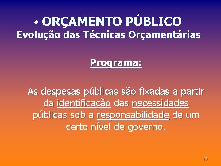  • ORÇAMENTO PÚBLICO Evolução das Técnicas Orçamentárias Programa: As despesas públicas são fixadas