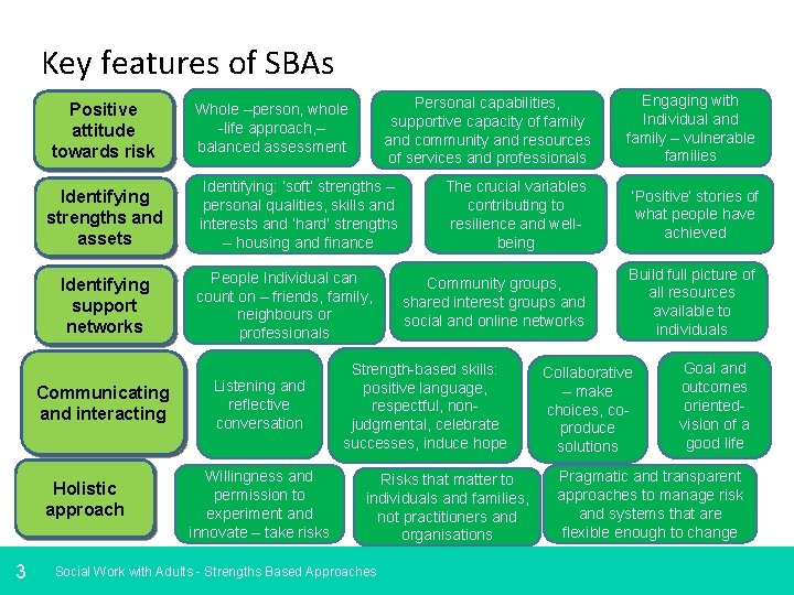 Key features of SBAs Positive attitude towards risk Identifying strengths and assets Identifying support
