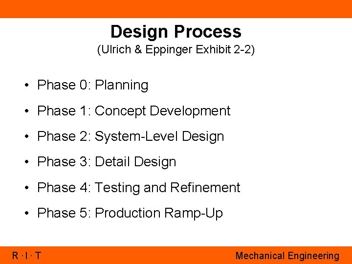 Design Process (Ulrich & Eppinger Exhibit 2 -2) • Phase 0: Planning • Phase
