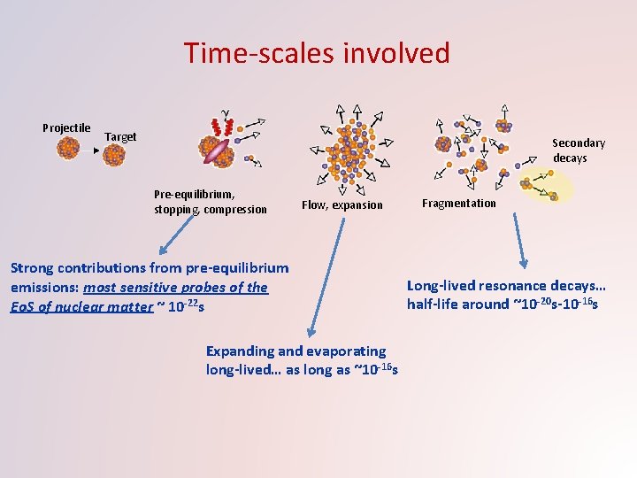 Time-scales involved Projectile Target Secondary decays Pre-equilibrium, stopping, compression Flow, expansion Strong contributions from