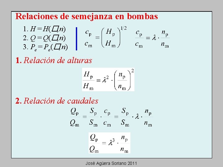 Relaciones de semejanza en bombas 1. H = H(�, n) 2. Q = Q(�,
