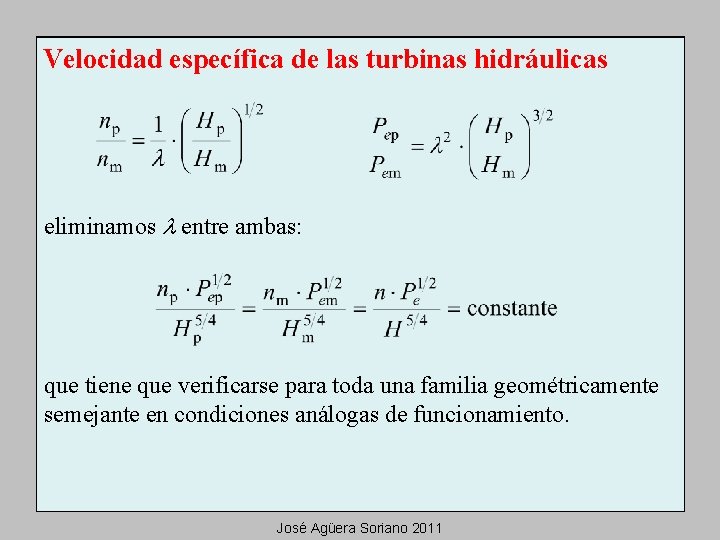 Velocidad específica de las turbinas hidráulicas eliminamos l entre ambas: que tiene que verificarse