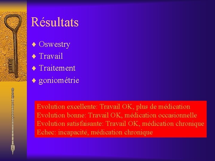 Résultats ¨ Oswestry ¨ Travail ¨ Traitement ¨ goniométrie Evolution excellente: Travail OK, plus