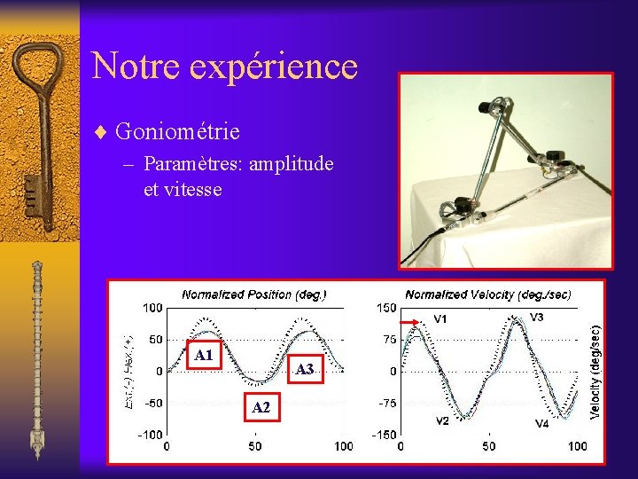 Notre expérience ¨ Goniométrie – Paramètres: amplitude et vitesse A 1 A 3 A