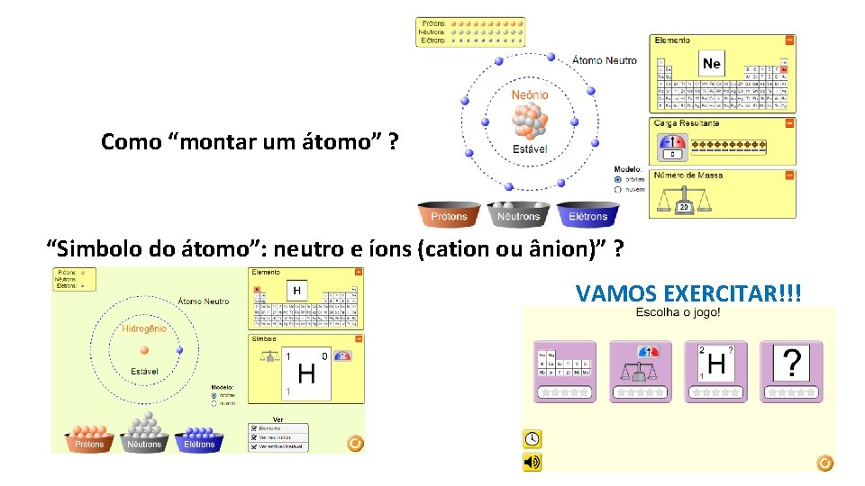 Como “montar um átomo” ? “Simbolo do átomo”: neutro e íons (cation ou ânion)”