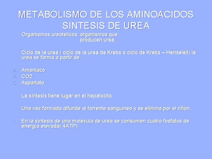 METABOLISMO DE LOS AMINOACIDOS SINTESIS DE UREA • Organismos ureotelicos; organismos que producen urea.