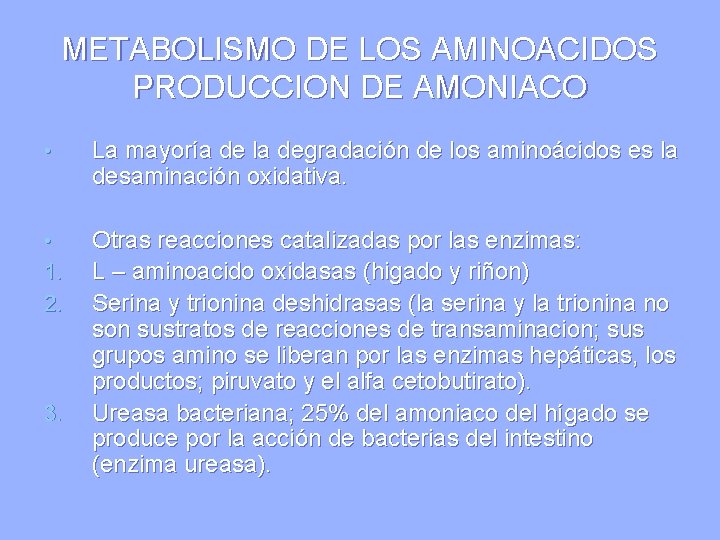 METABOLISMO DE LOS AMINOACIDOS PRODUCCION DE AMONIACO • La mayoría de la degradación de