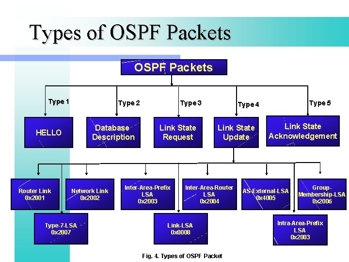 Types of OSPF Packets Type 1 Type 2 Database Description HELLO Router Link 0