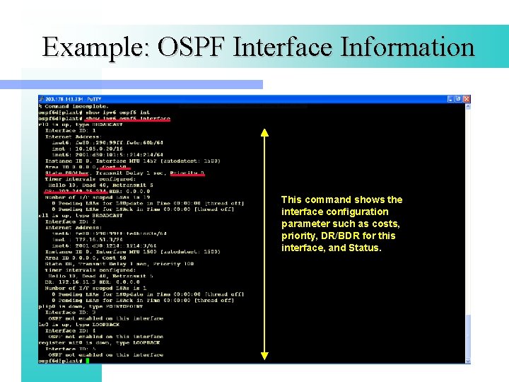 Example: OSPF Interface Information This command shows the interface configuration parameter such as costs,