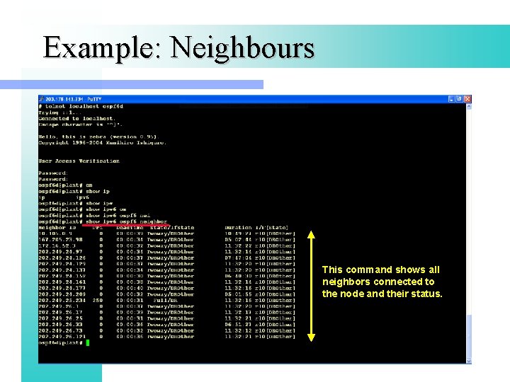 Example: Neighbours This command shows all neighbors connected to the node and their status.