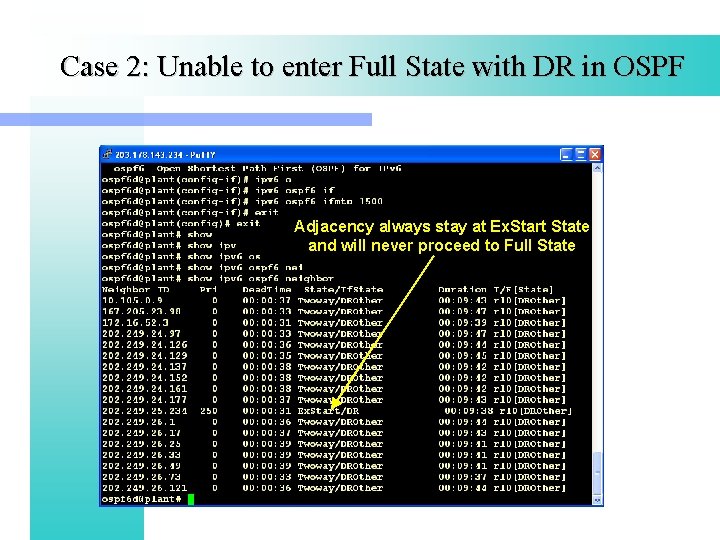 Case 2: Unable to enter Full State with DR in OSPF Adjacency always stay