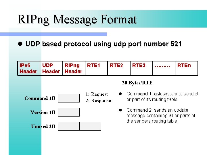 RIPng Message Format l UDP based protocol using udp port number 521 IPv 6