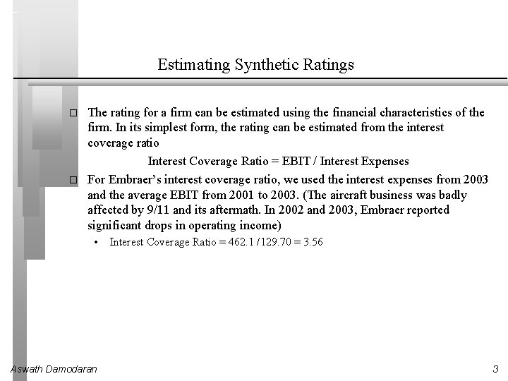 Estimating Synthetic Ratings � � The rating for a firm can be estimated using