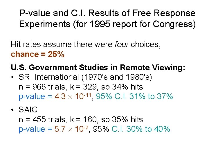 P-value and C. I. Results of Free Response Experiments (for 1995 report for Congress)