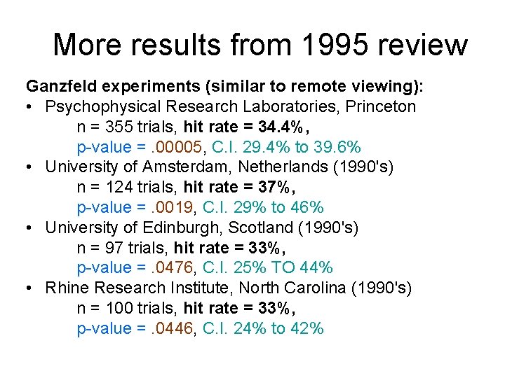 More results from 1995 review Ganzfeld experiments (similar to remote viewing): • Psychophysical Research